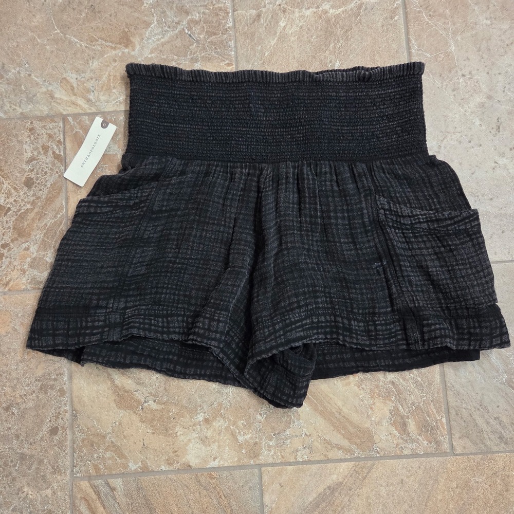 Anthropologie Smocked Waist Gauze Plaid Shorts Black XS